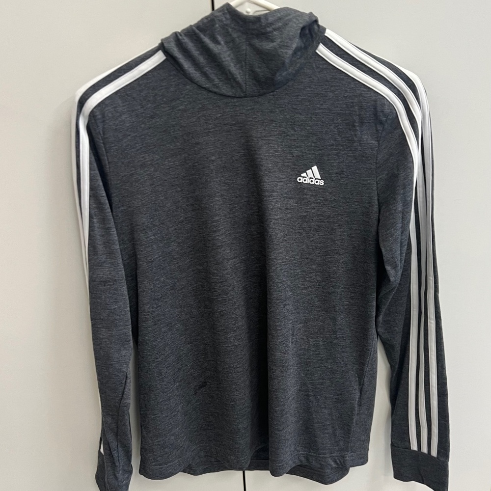 Adidas- Women's Charcoal Gray/White (3) Stripe Long Sleeve Tee with Hoodie - Picture 1 of 11